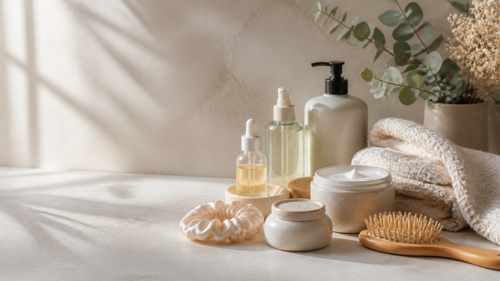 Original editorial still life with unlabeled skincare jars, serum bottles, a brush, and a towel